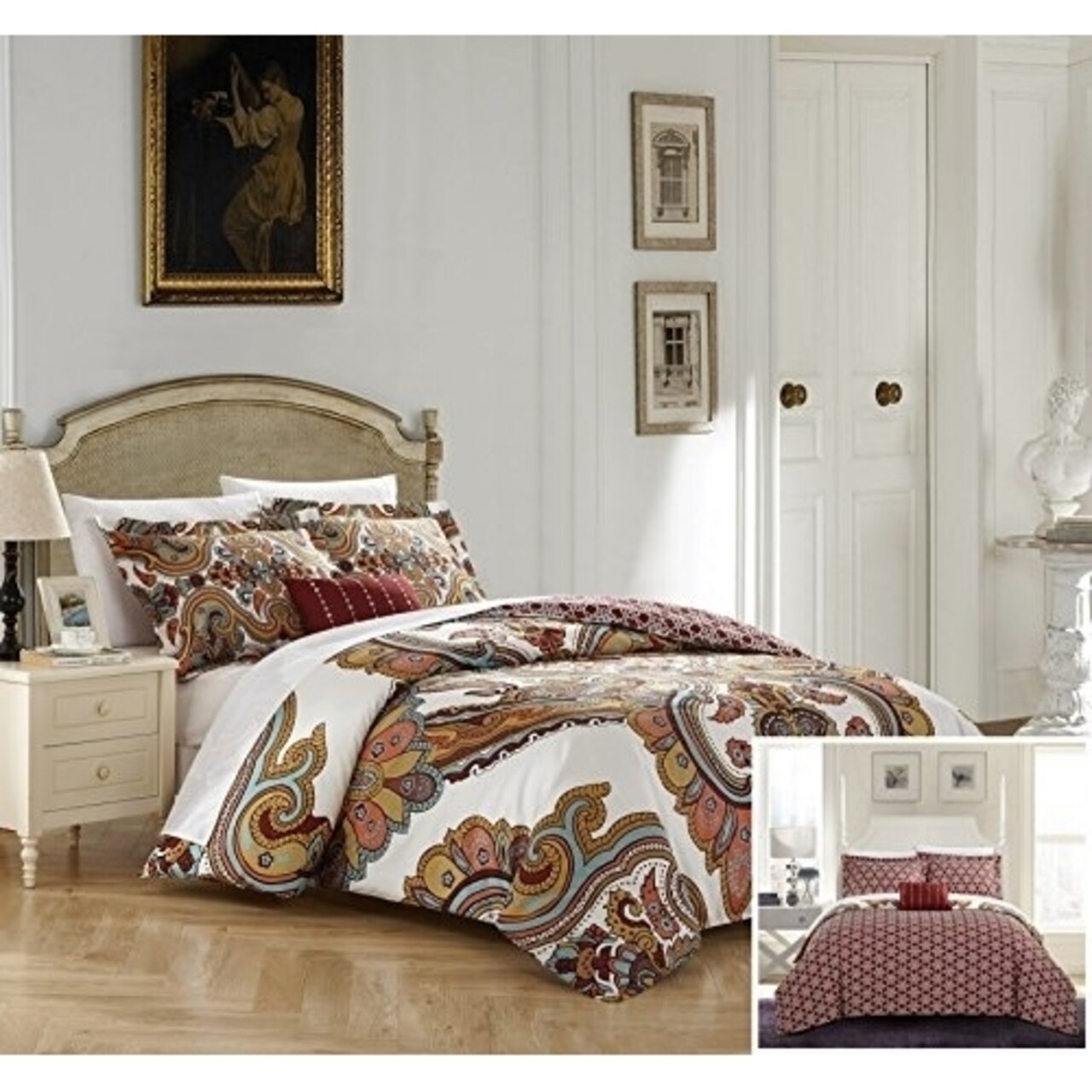 Chic Home 4 Piece Iman 100% Cotton 200 Thread Count XL Panel Framed Boho Printed REVERSIBLE Duvet Cover Set with Shams